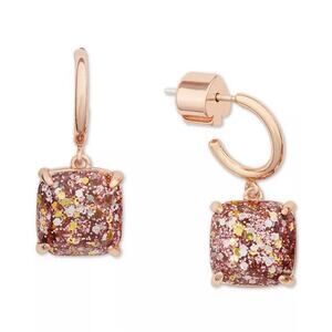 KATE SPADE | Square Glitter Stone Charm Huggie Hoop Earrings Rose Gold Pink